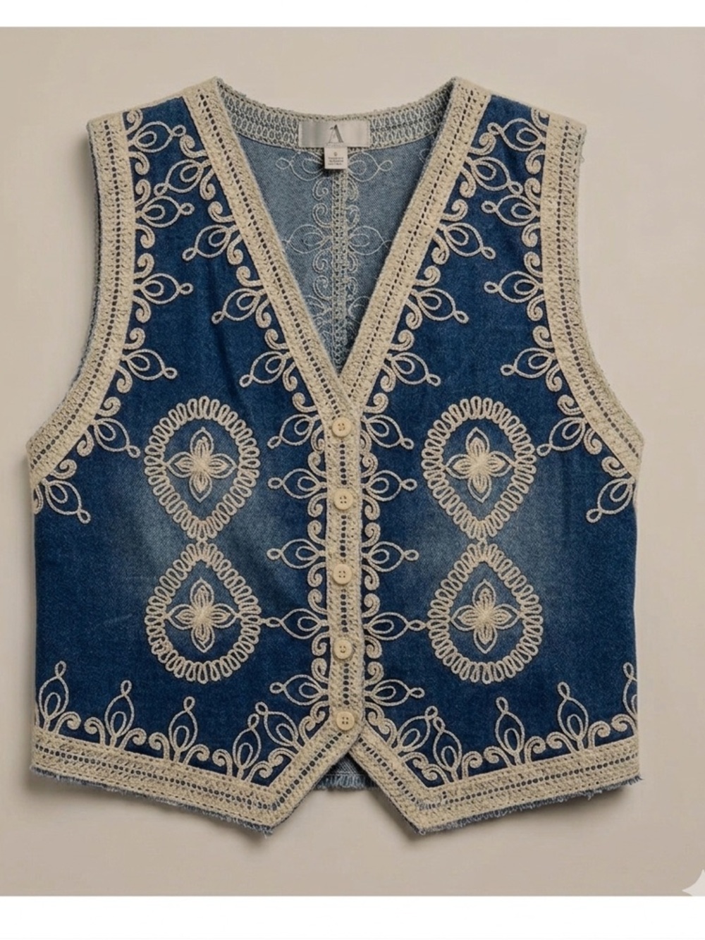 NEW Blue Embroidered Vest with Cream Detailing